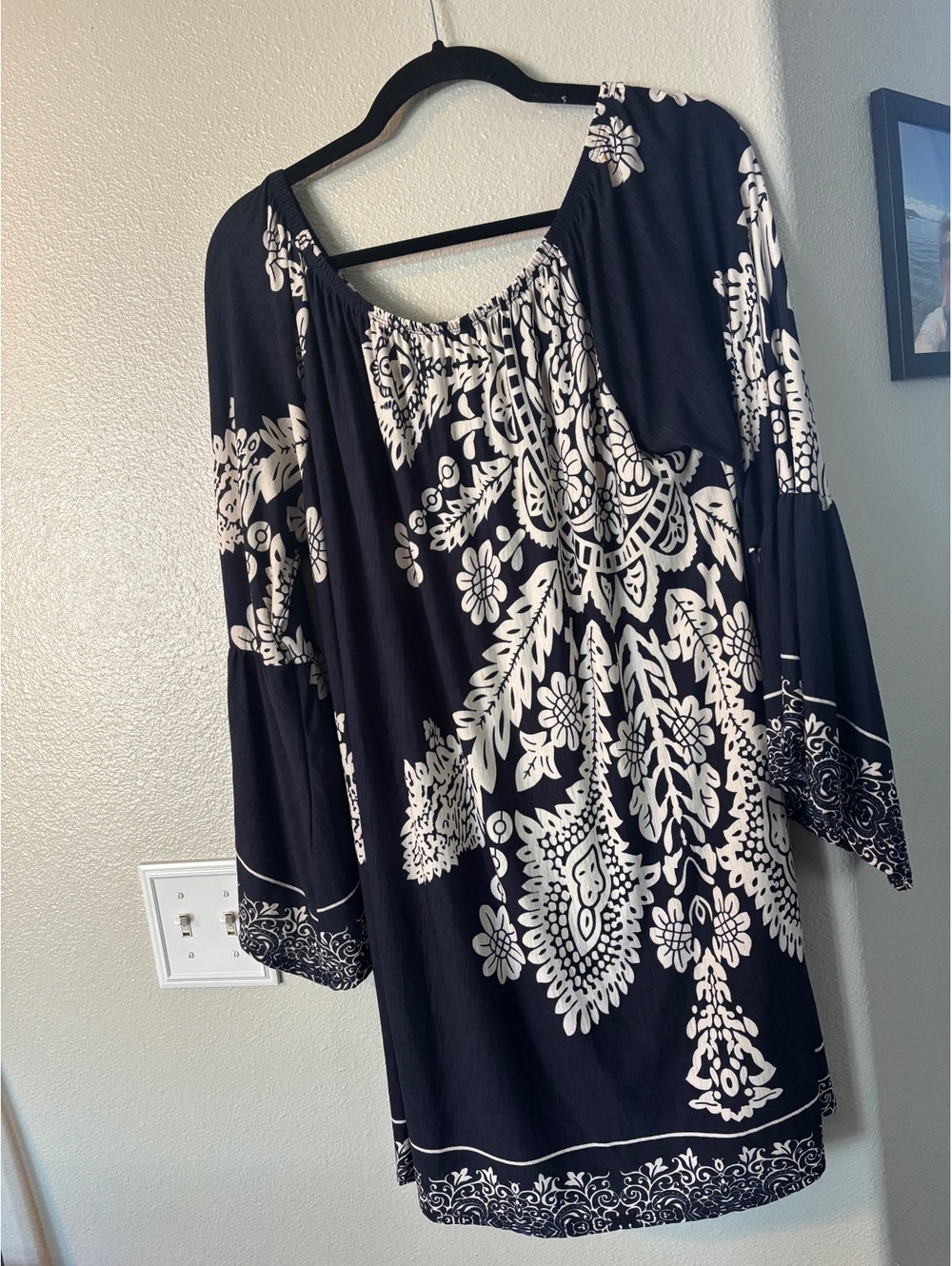 Boho Floral Bell Sleeve Mini Dress 3XL Navy and White